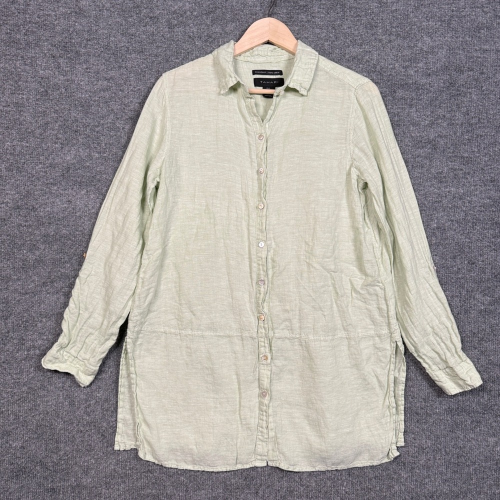 Tahari Essentials Sz Medium Shirt Avocado Green Linen Button Up Roll Tab Sleeves